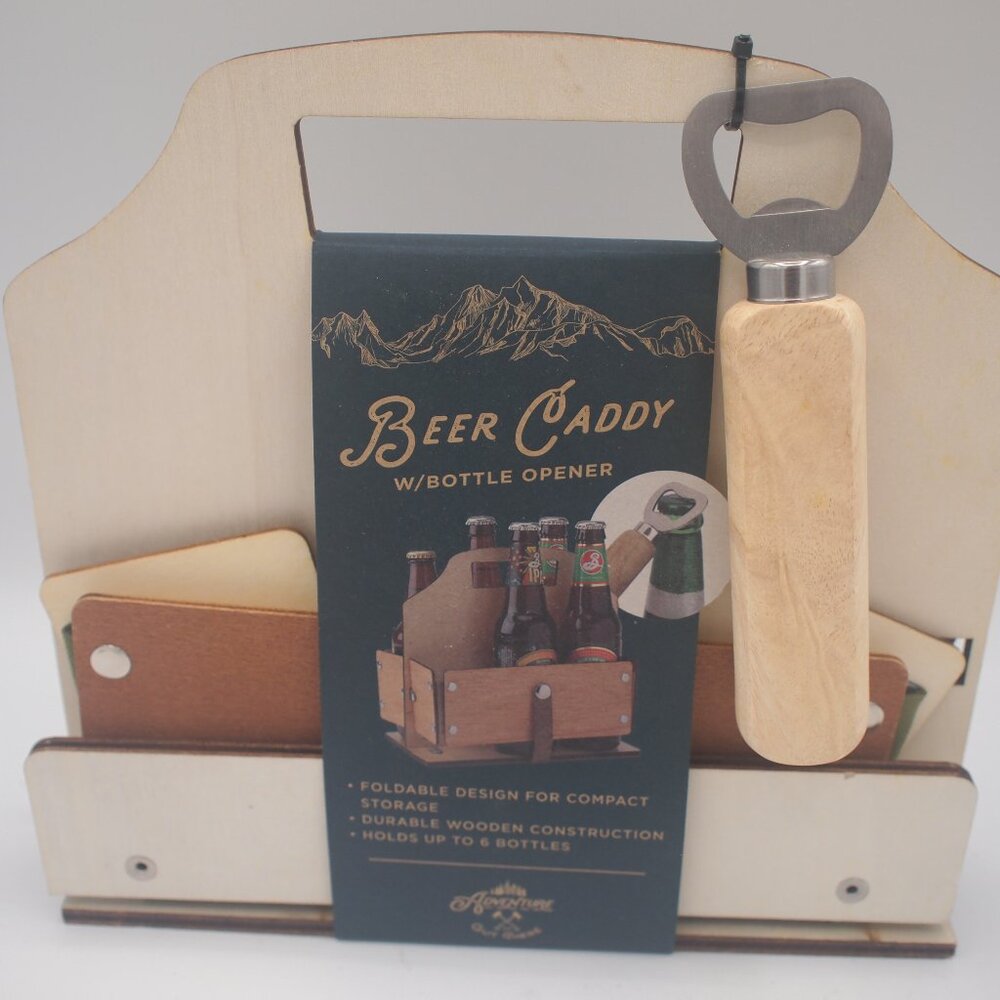 "Adventure Is Out There" Folding Wood Beer Caddy & Opener - Carry 6 Pack - NEW!